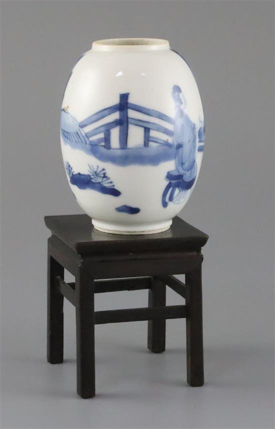 A Chinese blue and white small ovoid vase, Kangxi period,